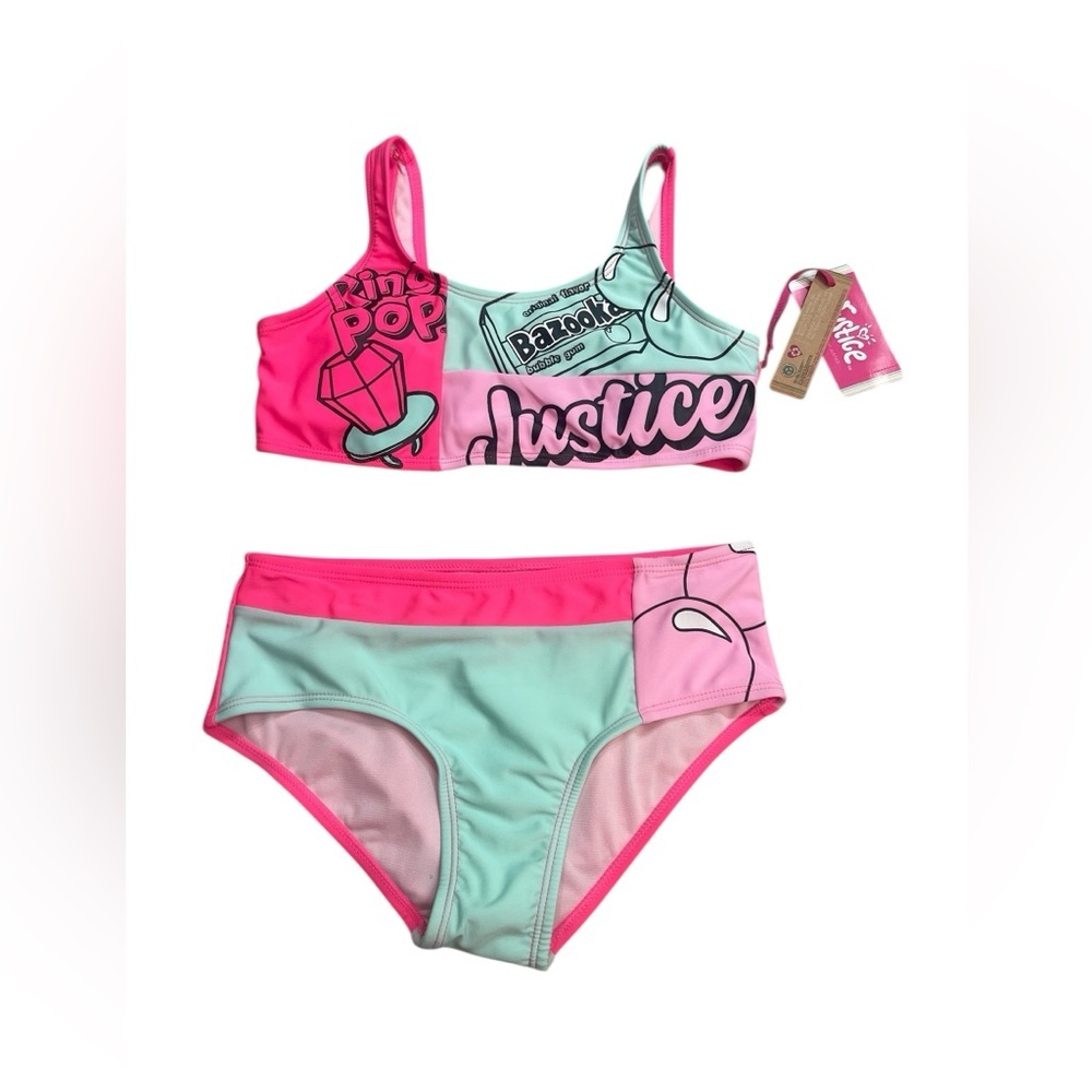 Justice Pink Blue Ringpop Bazooka Gum 2 Piece Swimsuit Girls size L(12/14) New